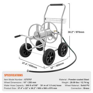 Carrello Avvolgitubo Rinforzato a 4 Ruote con Rivestimento a Polvere, Capacità Tubo da Giardino 300 ft (5/8 Pollici), Attrezzo Mobile Lunghezza 200ft 15m - Product Image 2
