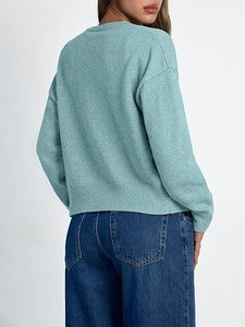 Cárdigan de punto verde menta para mujer, manga larga, cuello redondo, con botones, suéter corto informal - Product Image 3