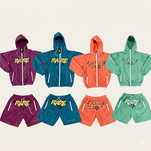Ensemble veste coupe-vent à capuche et short de marque Rare, unisexe, streetwear, printemps, léger, polyester, fermeture éclair sur le devant, design imprimé - Product Image 3