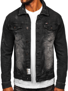 Men's Black Washed Denim Jacket Slim Fit Turn-down Collar Button Front Casual Autumn Wear - Product Image 1