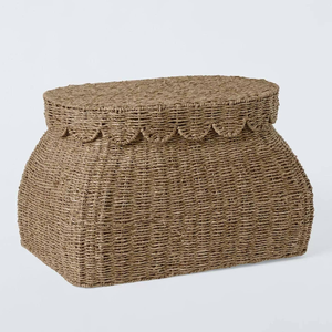 Paniers de rangement artisanaux en jonc de mer naturel à bords festonnés avec couvercle, paniers tissés pour l'organisation de la maison, salon - Product Image 2