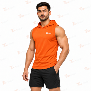 Men's <b>Orange</b> Sleeveless Hooded Tank <b>Top</b> Quick Dry Polyester Sporty Front Logo Print Casual Workout <b>Vest</b> Men Hooded Tank <b>Top</b> - Product Image 2