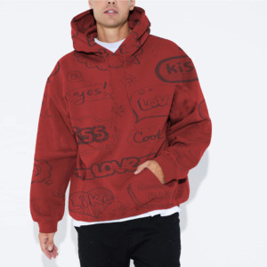 Sweat-shirt à capuche rouge pour homme, coupe classique, avec imprimé bulle de parole, en jersey de coton décontracté pour garçons, impression numérique, écologique - Product Image 2