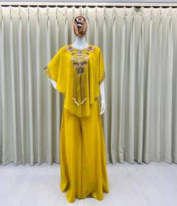 Embroidered <b>Indian</b> Pakistani Set Kaftan <b>Top</b> and Palazzo Pants Floral Neckline Festive Ethnic Outfit for Women - Product Image 2
