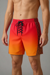 Shorts de Baño para Hombre en Degradado Rojo Anaranjado con Cordones Negros en la Parte Delantera y Panel Lateral Geométrico, Ropa Deportiva Transpirable de Poliéster para Verano - Product Image 1