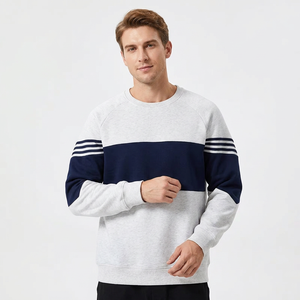 Sweat-shirt à col rond pour homme, manches raglan, color block, coupe classique, bleu marine et blanc, en coton French Terry 370g, décontracté, pour l'automne - Product Image 3