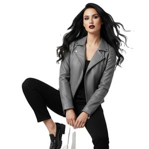 Classic Style Grey Leather Motorbike <b>Jacket</b> <b>Women</b> Custom Bulk Wholesale Factory Price Genuine Biker Style Ladies Fashion Coat - Product Image 1