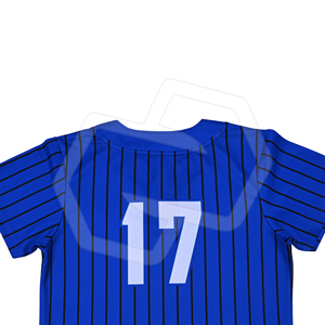 Maillot de baseball premium bleu rayé à deux boutons pour adultes, manches courtes, respirant, anti-humidité, avec logo et numéro, vente en gros - Product Image 5