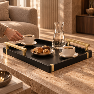 Elegante Bandeja de Servicio de Hierro |   Bandeja Rectangular Negra y Dorada con Asas Elevadas para Mesa de Comedor, Mesa de Centro, Decoración del Hogar, Juego de Regalo - Product Image 2