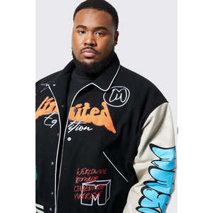 เสื้อแจ็คเก็ตเบสบอลวาร์ซิตี้แขนหนังขนสัตว์ฟอกย้อมลายกราฟฟิตีสำหรับผู้ชาย สไตล์ไฮสตรีท ปกคอพับ กันลม - Product Image 6