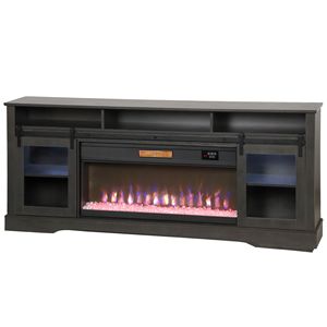 Meuble TV électrique personnalisable pour téléviseurs de 80 pouces, console en bois MDF avec rangement ouvert et armoires latérales, gris - Product Image 1
