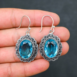 Boucles d'oreilles personnalisées en argent sterling 925 avec topaze bleue créée en laboratoire, 1,9 pouce, bijoux en pierres précieuses faits à la main, boucles d'oreilles fines antiques, cadeau pour femme - Product Image 2