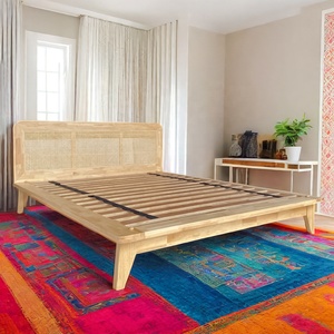 Bán buôn OEM tối giản giường bằng gỗ khung với mây mía đầu giường Nhật Bản mộc rubberwood nền tảng giường đồ nội thất phòng ngủ - Product Image 1