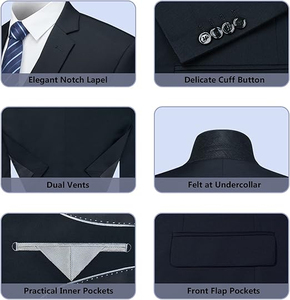 Costume 3 pièces pour homme, style britannique, bleu foncé, tenue de cérémonie, avec gilet et cravate, matière polyester anti-plis - Product Image 5