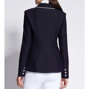 Veste d'équitation en polyester bleu marine pour femmes avec bordure blanche, tenue d'équitation pour saut d'obstacles, logo personnalisé, emballage en gros - Product Image 4