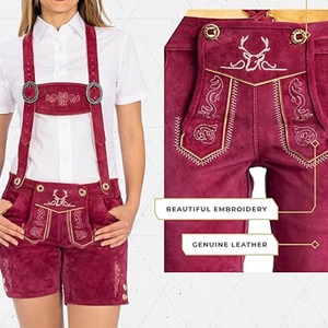 Salopette en toile marron brodée pour femme, taille haute, style bavarois décontracté, à associer avec une chemise à carreaux - Product Image 6