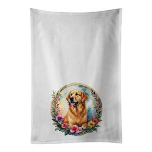 Ensemble de serviettes de cuisine décoratives Golden Retriever Flowers 2 torchons blancs 1 main visage cheveux Yoga thé torchon 19x28 "serviette - Product Image 1