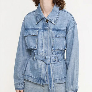 <b>Women's</b> Light Blue Denim Safari Jacket Full Sleeve Turn-down Collar Washed Cotton Utility Style <b>Belt</b> Closure Autumn Wear - Product Image 1