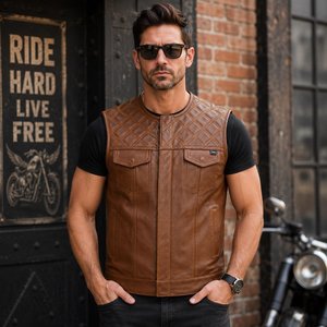 Chaleco de Motociclista de Cuero Genuino Marrón para Hombre, Chaleco Acolchado, Ropa Clásica para Motociclistas, Chaqueta sin Mangas - Product Image 1