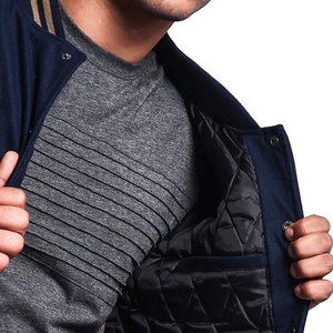 Men's Navy Blue Varsity Jacket Tan Sleeves Regular Fit <b>Covered</b> <b>Button</b> Closure Casual Winter Breathable Anti-Bacterial Quick Dry - Product Image 4