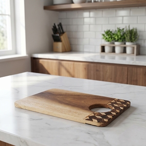 Food Grade Suar Wood Rectangular Cutting Board With Coconut <b>Shell</b> Dark And White Inlay Chess Pattern <b>Light</b> Brown For The Kitchen - Product Image 3