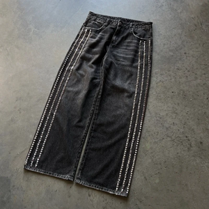Pantalon en jean large taille haute délavé en coton coupe décontractée style automne avec rivets noir et gris - Product Image 2