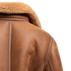 Blouson aviateur en cuir véritable marron pour homme, doublure en fausse fourrure, fermeture éclair, style moto, vêtement d'extérieur d'hiver, col rabattu, ceinturé - Product Image 3