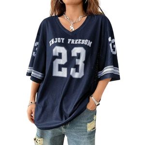 เสื้อเจอร์ซีย์อเมริกันฟุตบอลสีน้ำเงินกรมท่า ผ้าตาข่าย สไตล์สตรีทแวร์ ทรงโอเวอร์ไซส์ ระบายอากาศได้ดี พิมพ์ลายกราฟิก 23 ตัว - Product Image 1