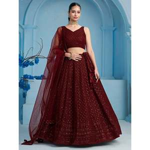 Lehenga de Georgette con Lentejuelas Color Granate Superior para Recepción, con Blusa - Product Image 2
