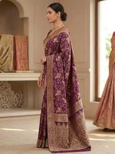 ASHMITAS COLLECTIONS Saree en soie Katan Banarasi violet, or, tenue de mariage indienne traditionnelle pour femme, sans plis, séchage rapide - Product Image 6