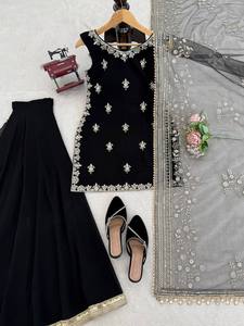 Top Reversible Negro de Georgette Sintética, Pantalones Plazzo de Secado Rápido, Sin Arrugas, Elásticos, para Fiestas, Diwali y Bodas - Product Image 4