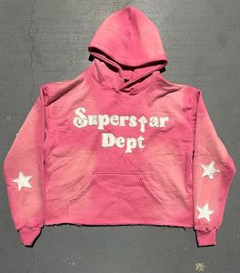 Sweat à capuche oversize en coton épais pour homme, style streetwear américain, effet délavé vintage, imprimé étoilé vieilli, pull-over - Product Image 3