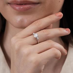 <b>Cushion</b> Cut Solid White Gold Diamond <b>Ring</b> Prong Setting Simple Three Stone Pear Side Accents Plain Band Classic Engagement <b>Ring</b> - Product Image 2