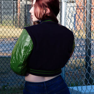 Veste courte universitaire pour femme, bleu marine et vert, style Letterman, manteau bomber, manches en similicuir, vêtement d'extérieur décontracté, mode féminine - Product Image 6