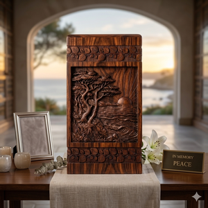 Urna Funeraria de Madera Hecha a Mano, Diseño de Árbol Tallado en Marrón con Atardecer, Urna Conmemorativa para Adultos - Product Image 1