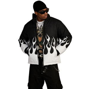 Men Flame Print Puffer Jacket Streetwear Winter Jacket Custom Graphic Puff Jacket Hip Hop Fashion Outerwear - Product Image 1