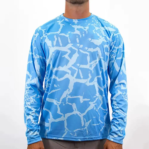เสื้อตกปลาแบบสวมหัว แขนยาว สีน้ำเงิน พิมพ์ลายแบบซับลิเมชั่น ป้องกันรังสียูวี UPF 35 ระบายอากาศได้ดี ผลิตจากผ้าสแปนเด็กซ์/โพลีเอสเตอร์  สำหรับผู้ใหญ่ทุกเพศ  มีโลโก้ด้านหน้า - Product Image 5
