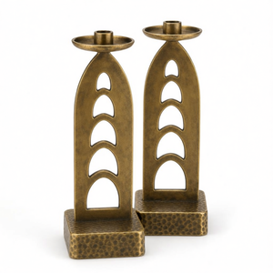 Pair of Solid Antique Brass Taper Candle Holders with Hammered Base Tall Metal Candlestick Home Decor - Product Image 2