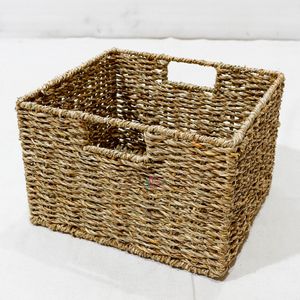 Natural Seagrass Woven Eco-Friendly Rustic Storage <b>Basket</b> Built-in Handles Square <b>Shelf</b> Organizer for Home Decor - Product Image 6
