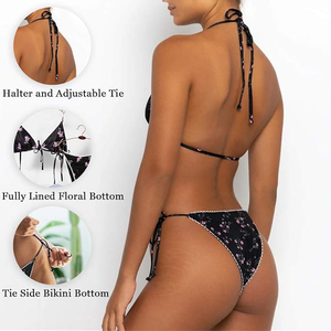 Conjunto de Bikini con Estampado Floral para Mujer, Top Halter con Lazos Laterales, Traje de Baño de Dos Piezas, Negro, Elástico, Spandex, Poliéster - Product Image 5
