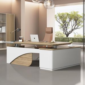 Scrivania Direzionale a L Regolabile in Altezza con Cassetti, Ripiani e Divisorio per la Privacy, Postazione di Lavoro per Computer in Noce Chiaro - Product Image 1