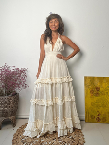 Wholesale Women <b>Boho</b> Sleeveless V-neck Maxi Dress Tiered Ruffle Cotton Gauze Sun Ivory Smocked Natural Waist Casual Dress - Product Image 4