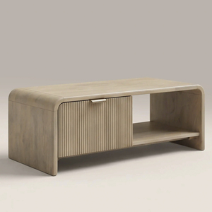 Table basse artisanale en bois de manguier massif, de forme carrée et courbée, avec un tiroir de rangement à motif cannelé, pour la maison, le bureau ou le salon - Product Image 4