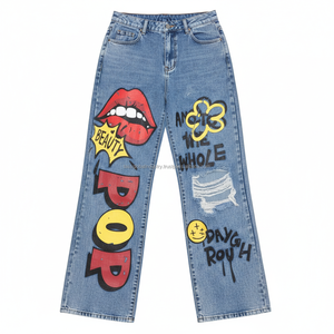 Jeans de mezclilla de punto con gráfico de dibujos animados Y2K, transpirables, rasgados, de corte holgado, cintura alta, para mujer, estilo urbano, casual, lavado de otoño, OEM - Product Image 3