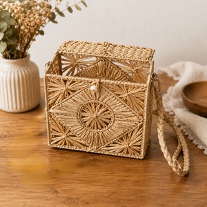 <b>Boho</b> Geometric Handmade Raffia Woven Straw Crossbody Beach Shoulder <b>Bag</b> with Drawstring Closure for Women - Product Image 3