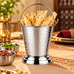 Seau de service en acier inoxydable martelé avec poignée en laiton, rond, pour curry, 300 ml, pour la maison, les restaurants, les hôtels et la restauration - Product Image 5