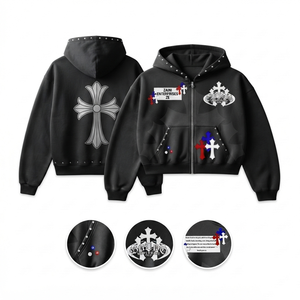 Women <b>Zipper</b> <b>Hoodie</b> 400 GSM Premium Cotton Fleece <b>Black</b> Contrast Panel Design Custom Embroidery Print Patch Logo OEM ODM - Product Image 1