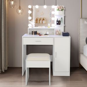 FCH Grand ensemble coiffeuse avec 10 ampoules LED, tabouret rembourré, 3 étagères de rangement, 1 tiroir, 1 armoire - Product Image 3