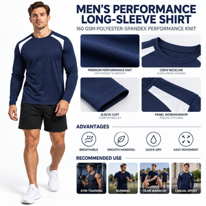 <b>Men's</b> Long Sleeve Sporty T-<b>Shirt</b> <b>Navy</b> <b>Blue</b> O-Neck Quick Dry Slim Fit Knitted Polyester with Front Logo Print - Product Image 6