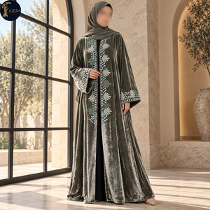Tissu en velours olive charbon brodé de feuilles avec des paillettes argentées |   Tissu texturé brillant pour robe Abaya et tenues de cérémonie - Product Image 2